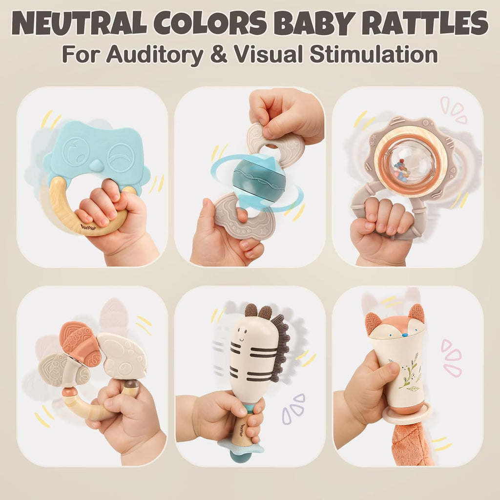 Juego de sonajeros y mordedores para bebés de 0 a 6 meses, juguetes de dentición de 3 a 6 meses, juguetes sensoriales con texturas suaves, sonidos suaves y forma de fácil agarre, regalo neutro para