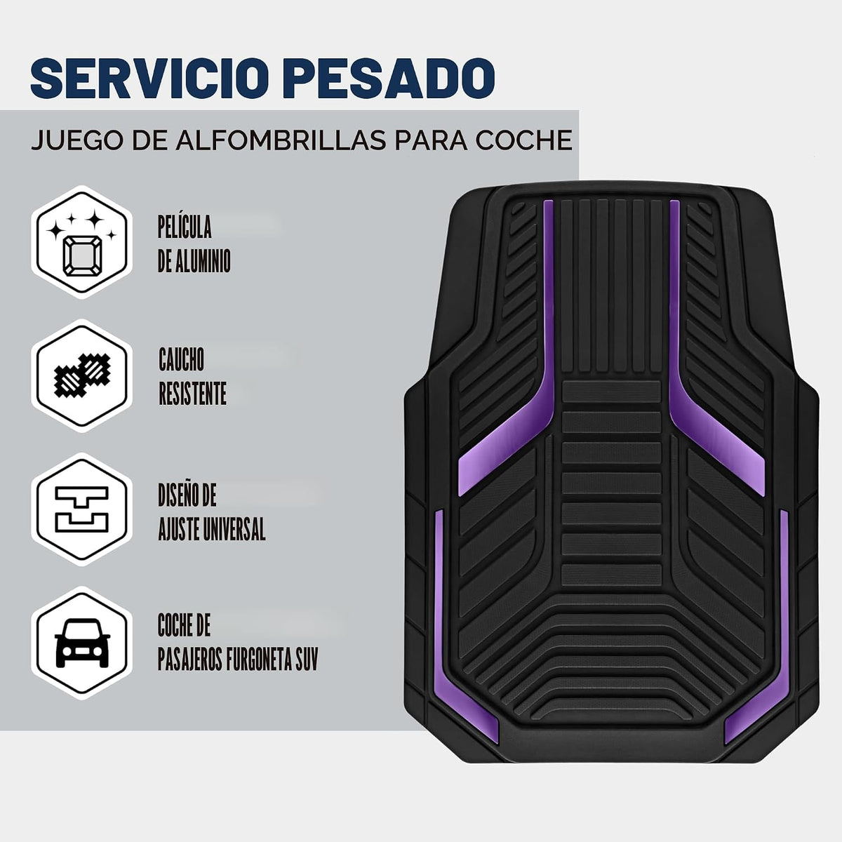 PIC AUTO Alfombras de piso de goma resistentes, juego de alfombrillas de auto de película de aluminio púrpura, alfombrillas delanteras y traseras para auto con respaldo antideslizante, protección para