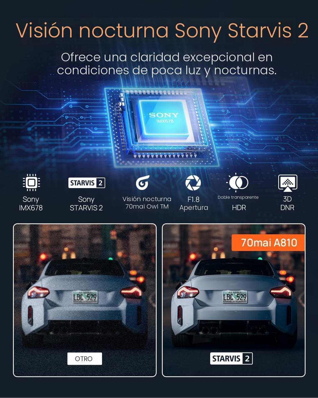70mai Cámara de tablero A810 4K frontal y trasera cámara
