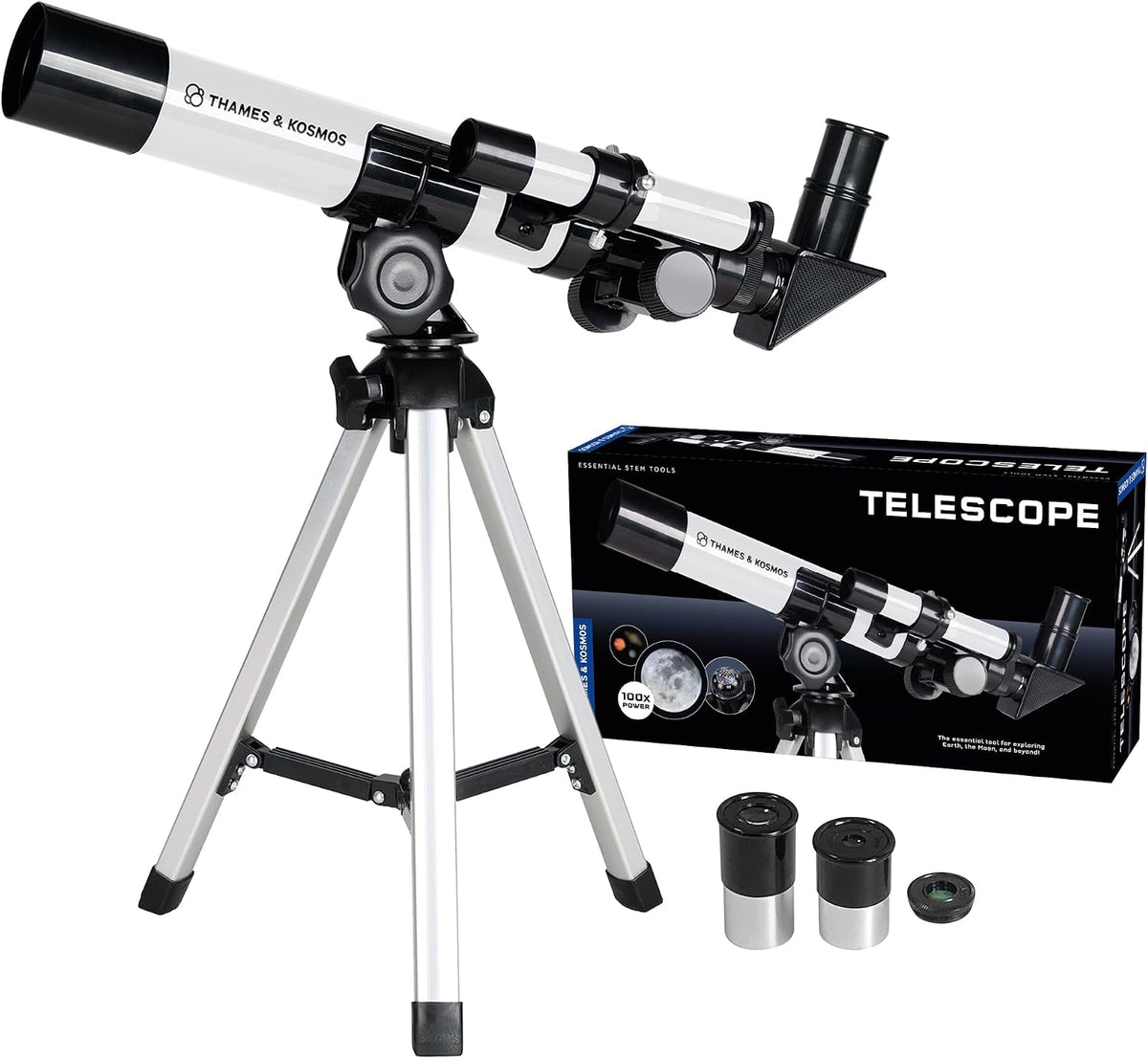El Telescopio Thames & Kosmos Herramienta Esencial STEM | Telescopio Refractor para Niños con 100x de Magnificación y Brújula Integrada | Dispositivo Científico Clásico para Observaciones Astronómicas