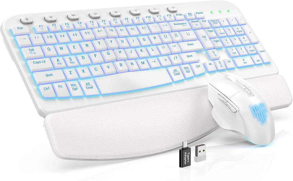 SABLUTE Combo de teclado y mouse inalámbricos, onda ergonómica, Blanco
