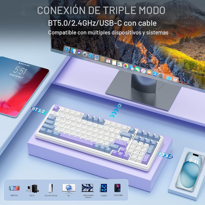 AULA Teclado mecánico inalámbrico F99, triple modo BT5.0\/2.4GHz\/U...