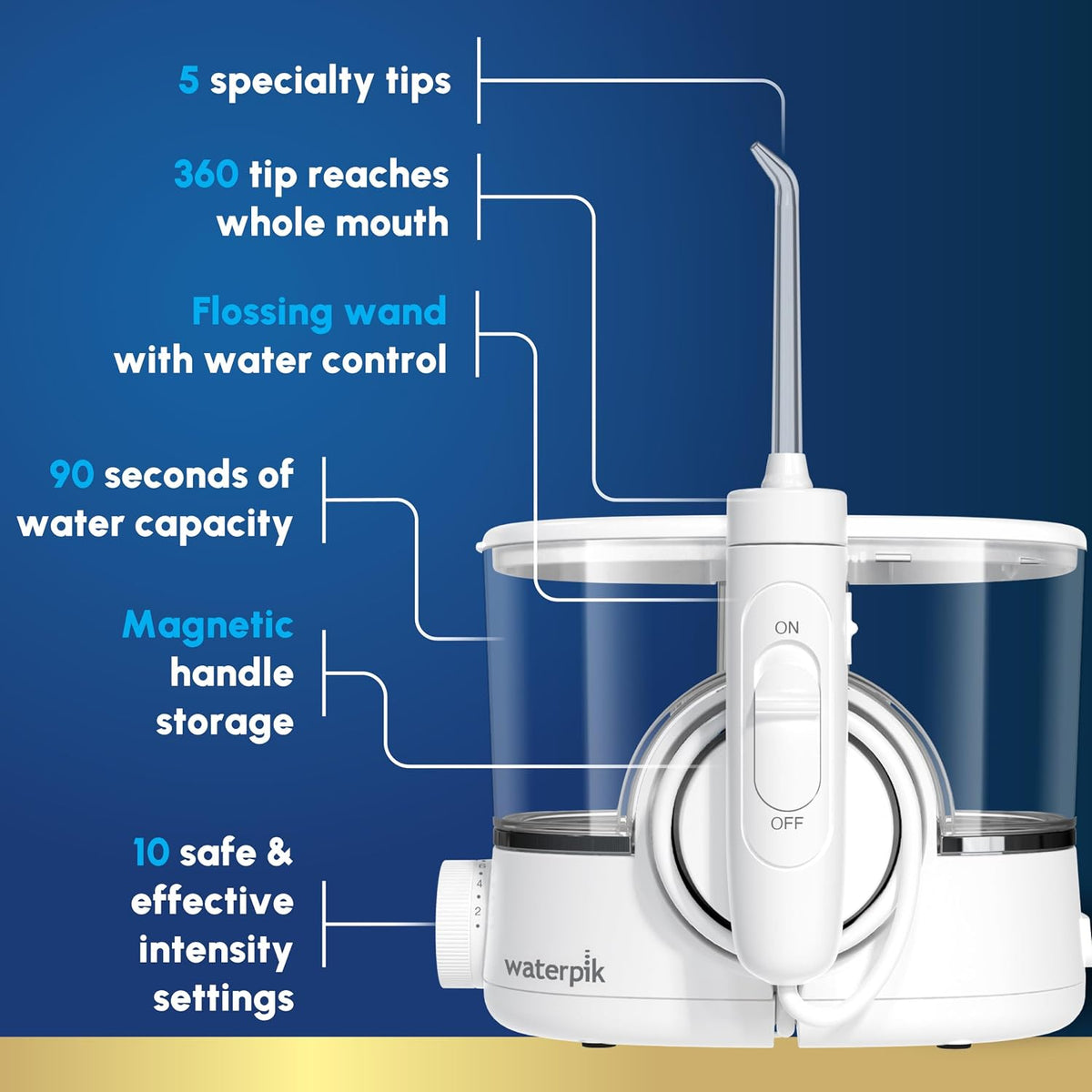 Waterpik ION - Irrigador de agua recargable con 10 ajustes, 5 puntas, color