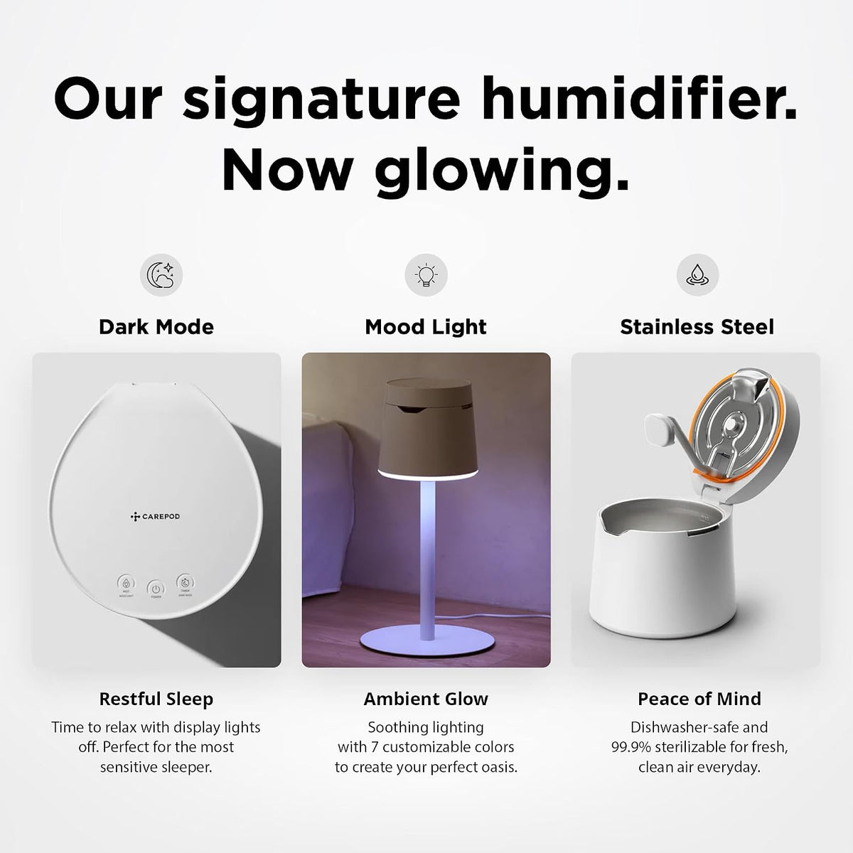 Carepod One Plus con soporte, humidificador de acero inoxidable para habitación grande con luz de estado de ánimo, silencioso y seguro para el bebé, solo 3 piezas lavables, humidificadores