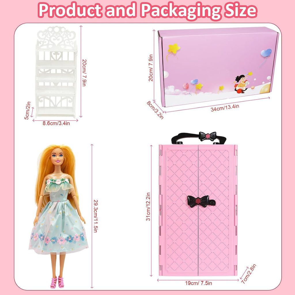 Juego de 122 piezas de armario de muñecas con muñecas de 11.5 pulgadas, ropa y accesorios, incluye armario, vestidos de princesa, zapatos, bolsas, perchas otros accesorios, juguetes de vestir para niñas, niños pequeños (rosa)