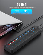Onfinio, E336751-VolX3-SecA6009, hub USB 3.0 de 10 puertos, alimentado, adaptador 12V/3A