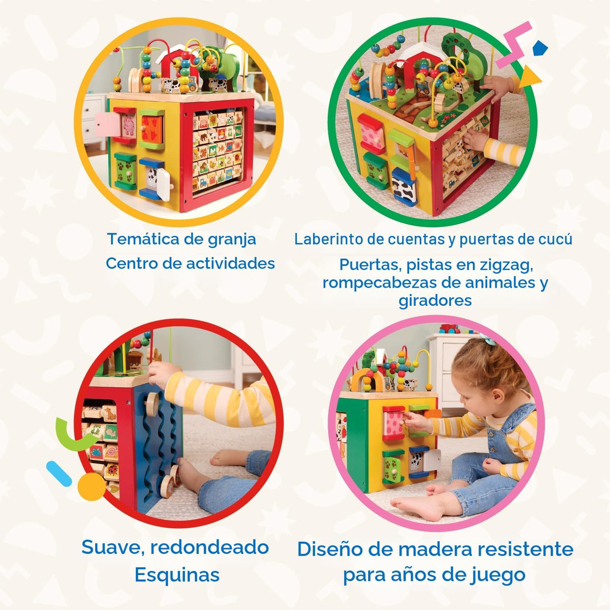 Battat Wooden Activity Cube - 5-Sided Play Center con Bead Maze, Doors
