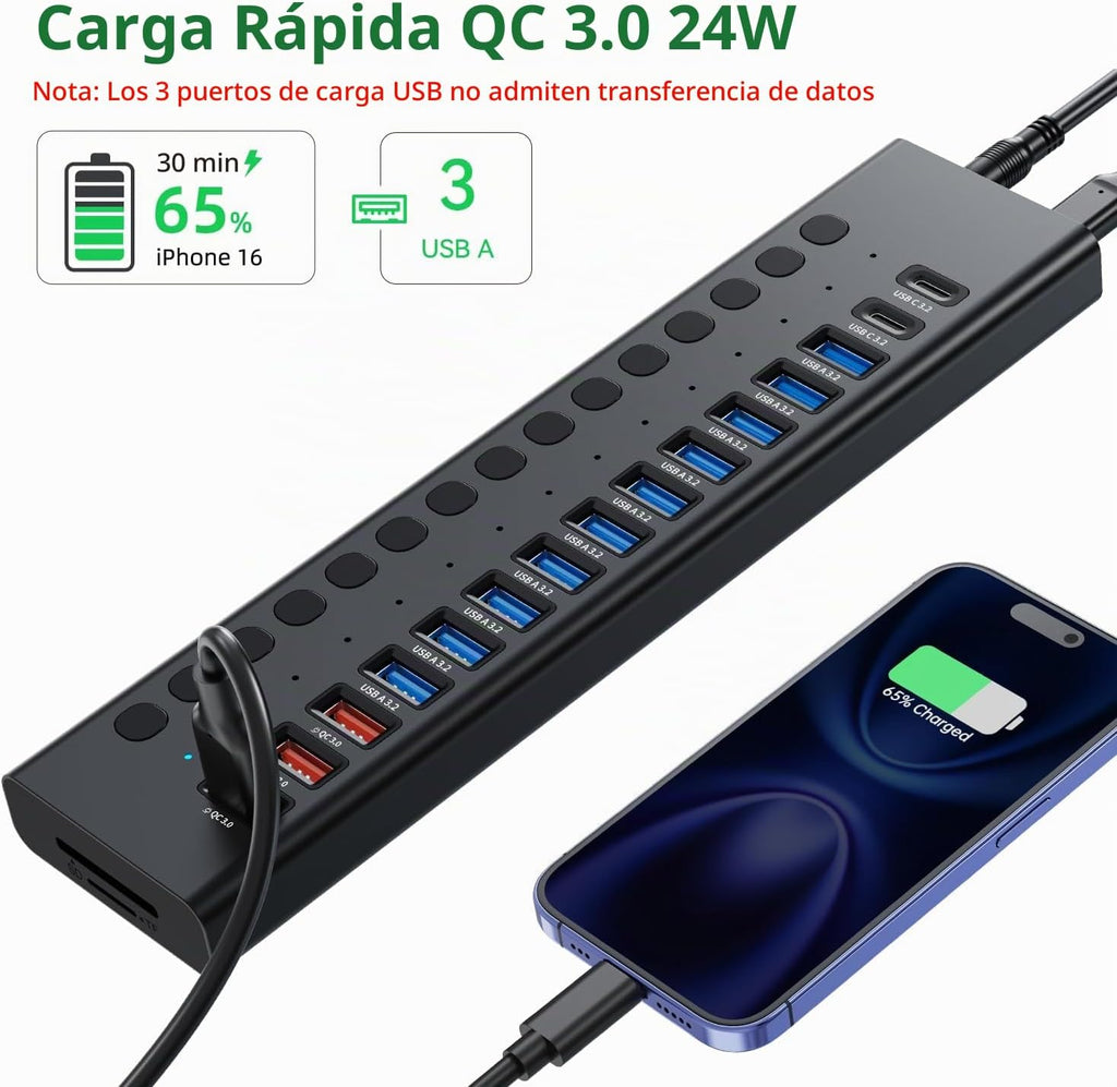 VANGREE, MK1-1200800C8, hub USB 3.2 de 17 puertos, alimentado, adaptador 12V/8A