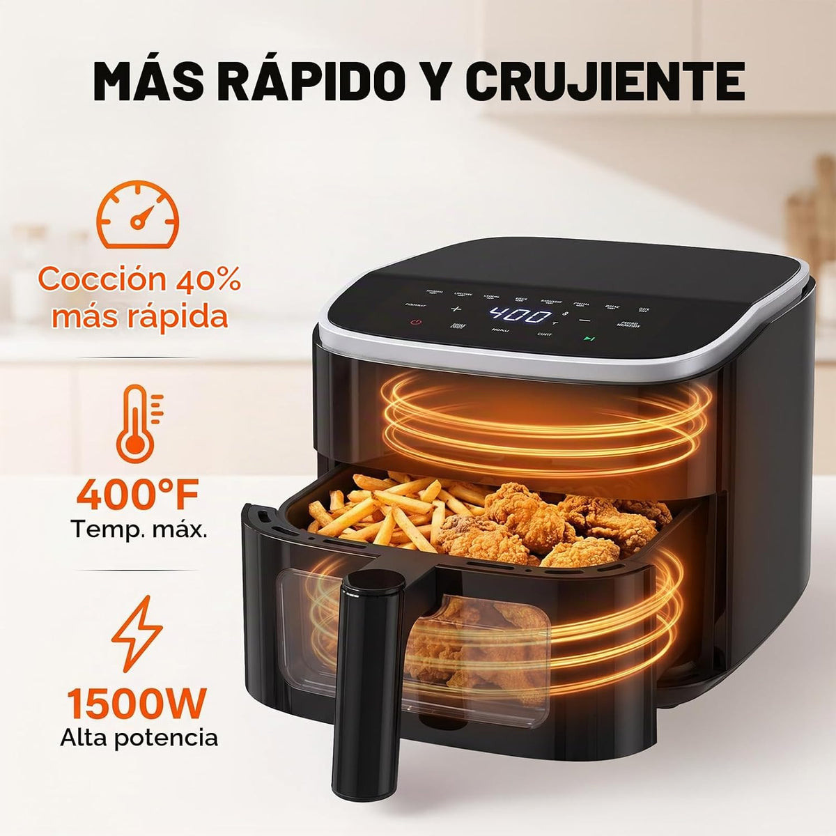 OLIXIS Freidora de aire de 4 cuartos con ventana visible, freidora de aire digital de 1500 W con pantalla táctil con 8 ajustes preestablecidos, apagado automático y cesta antiadherente apta para