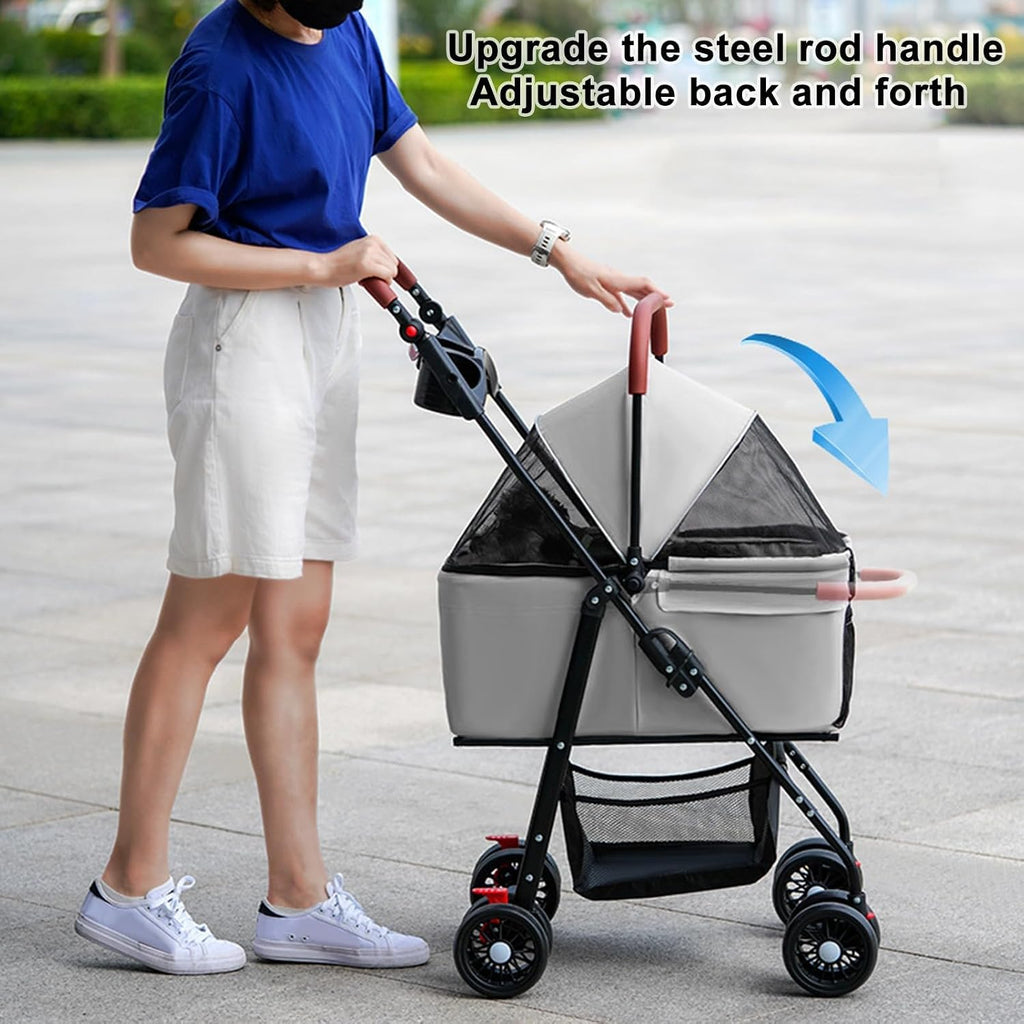 Cochecito para mascotas para perros medianos y pequeños – Cochecito plegable de 4 ruedas con cesta de almacenamiento, transportador para perros y gatos, asa ajustable, transportador plegable para cachorros adecuado para viajar con gatos y perros (gris)