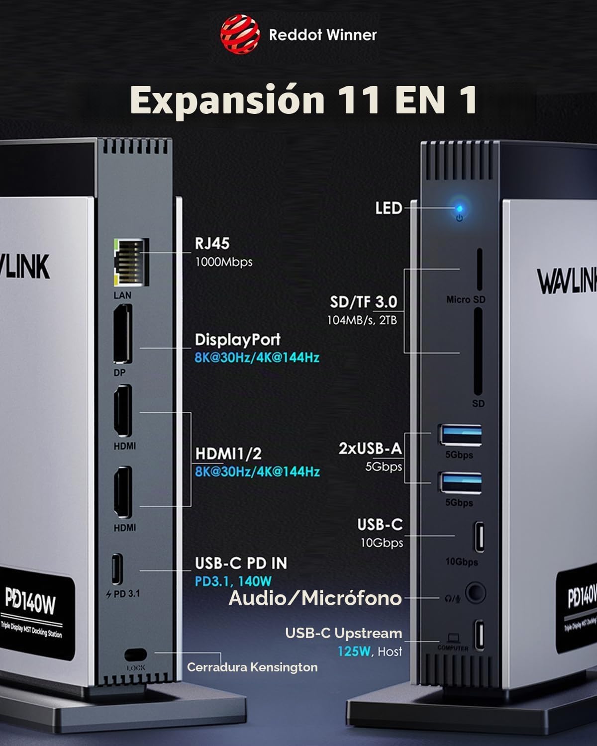 WAVLINK Estación de acoplamiento para laptop 3 monitores, estación de acoplamiento USB C 11 en 1 con paso PD3.1 de 125 W y adaptador de corriente, 2 HDMI + DP, resolución máxima: solo 8K o triple 4K