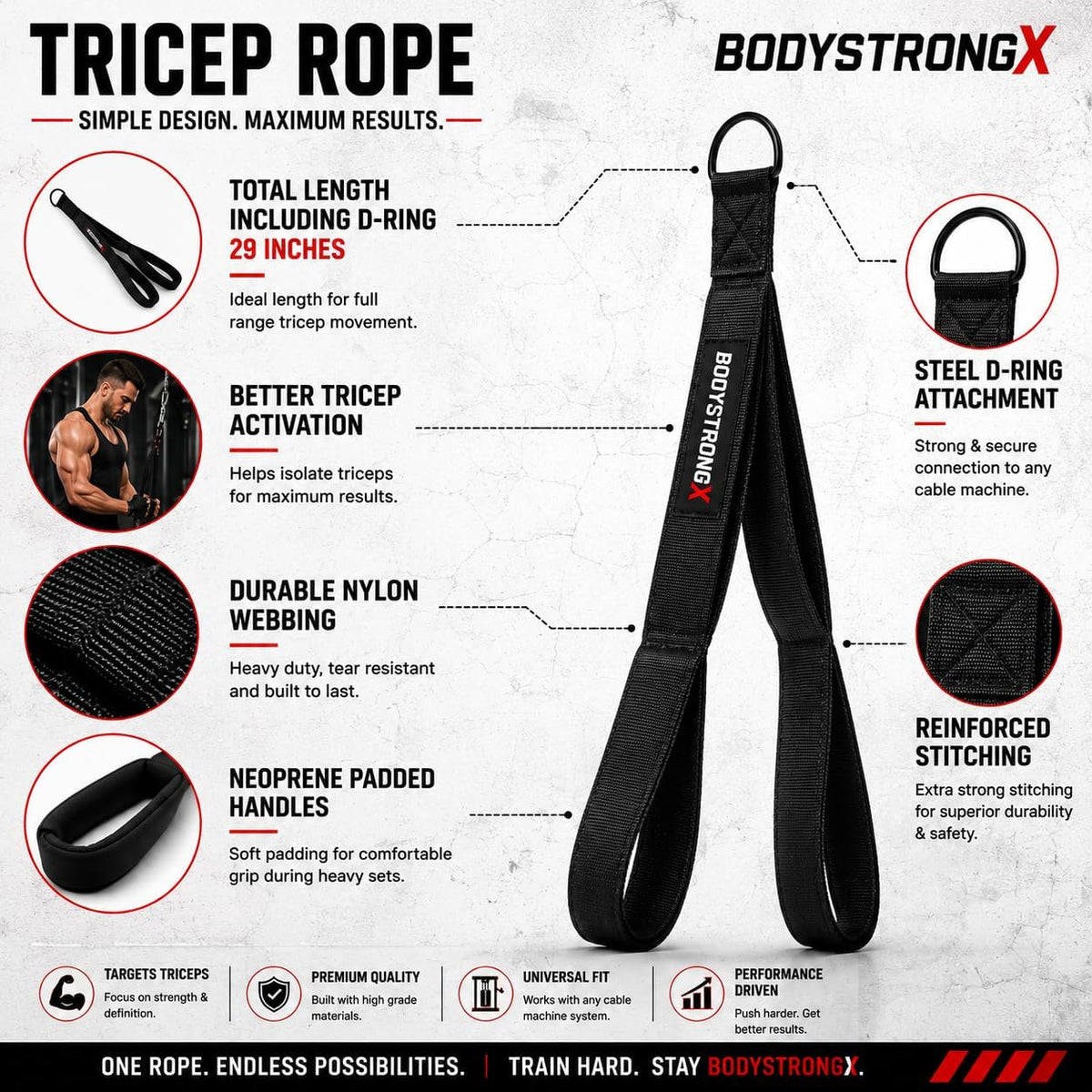 Accesorio de cable de cuerda de tríceps para gimnasio doméstico y comercial, cuerda trenzada resistente con extremos de goma, accesorio desplegable de tríceps de longitud múltiple para