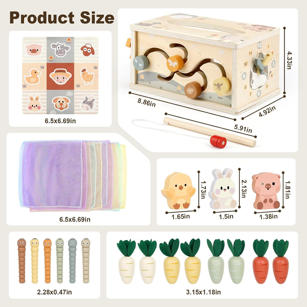 Joyreal - Caja de pañuelos Montessori 8 en 1, juguetes para más de 1 año, cubo de actividades de madera