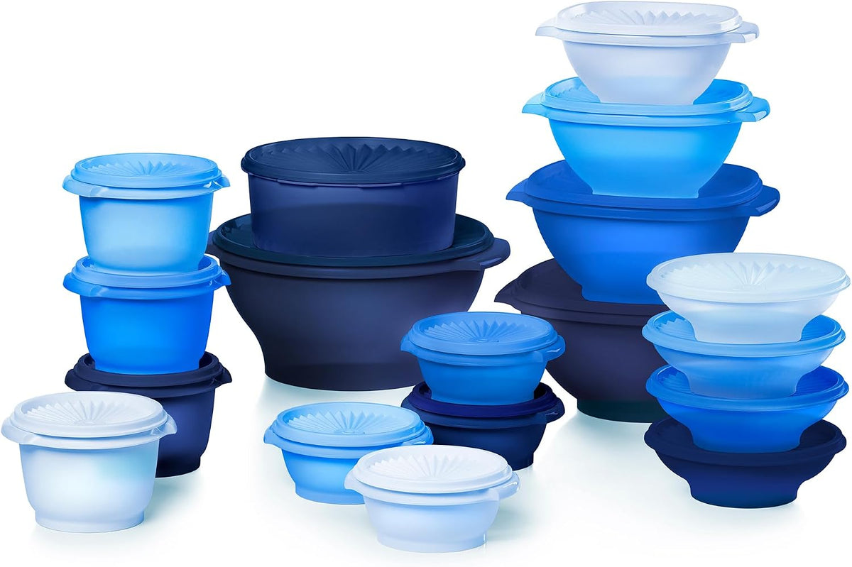 Tupperware Heritage - Juego de 36 piezas azul vintage (18 contenedores + 18)