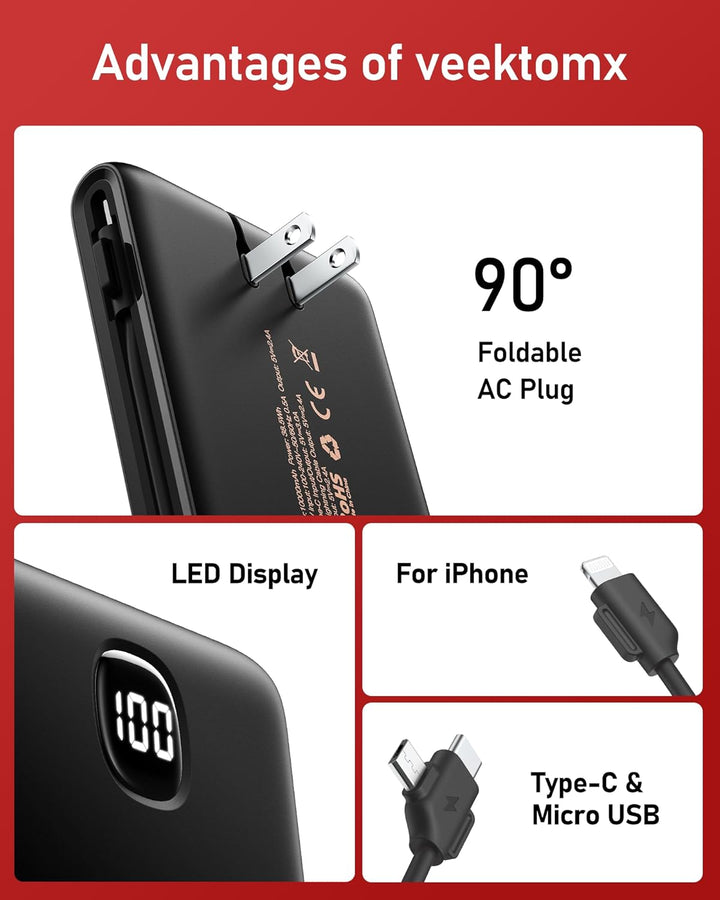 VEEKTOMX - Cargador portátil con cables incorporados de 10000 mAh,...