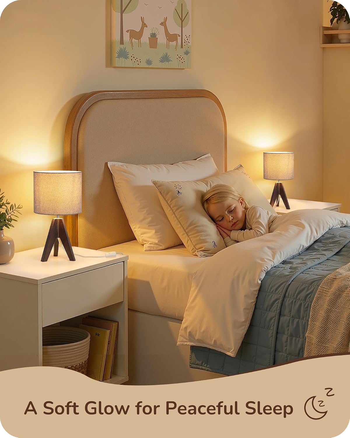 Lámpara EDISHINE Lámpara de mesa pequeña estilo Boho, lámpara de mesa de madera color nogal con trípode, lámpara de mesita de noche estilo granja para cuarto de bebé, dormitorio, oficina, habitación infantil