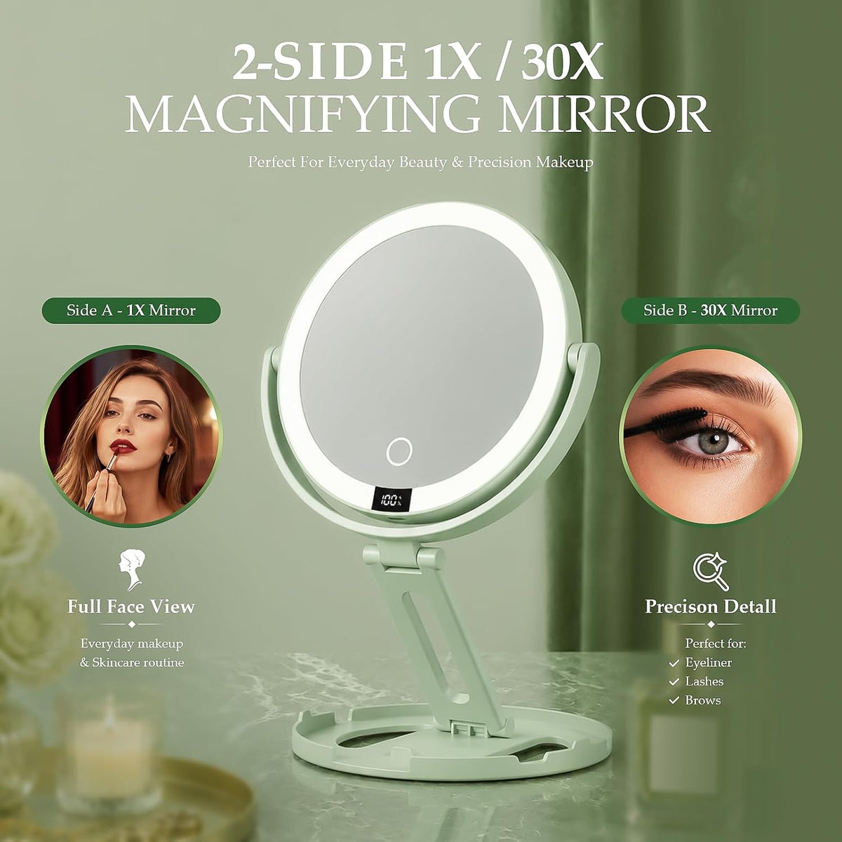 Espejo de maquillaje de viaje con luces, espejo de aumento de doble cara 1X