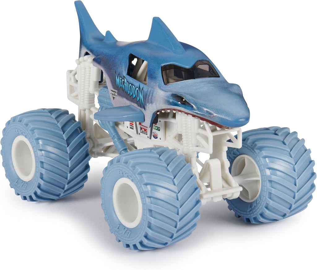 Monster Jam Camión monstruo oficial Megalodon - Retro 2017 edición original a escala 1:24 vehículo fundido a presión, llantas cromadas y neumáticos BKT para uso en todos los juegos de juego