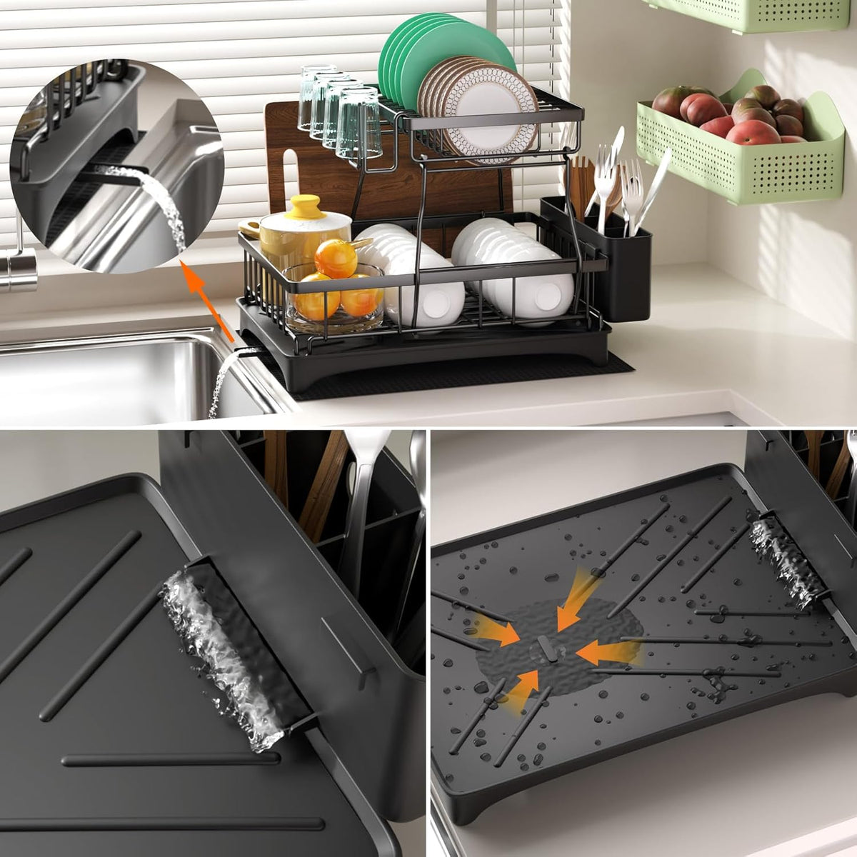 Godboat Escurreplatos de 2 Niveles - Escurreplatos con Drenaje Automático a Fregadero y Tapete