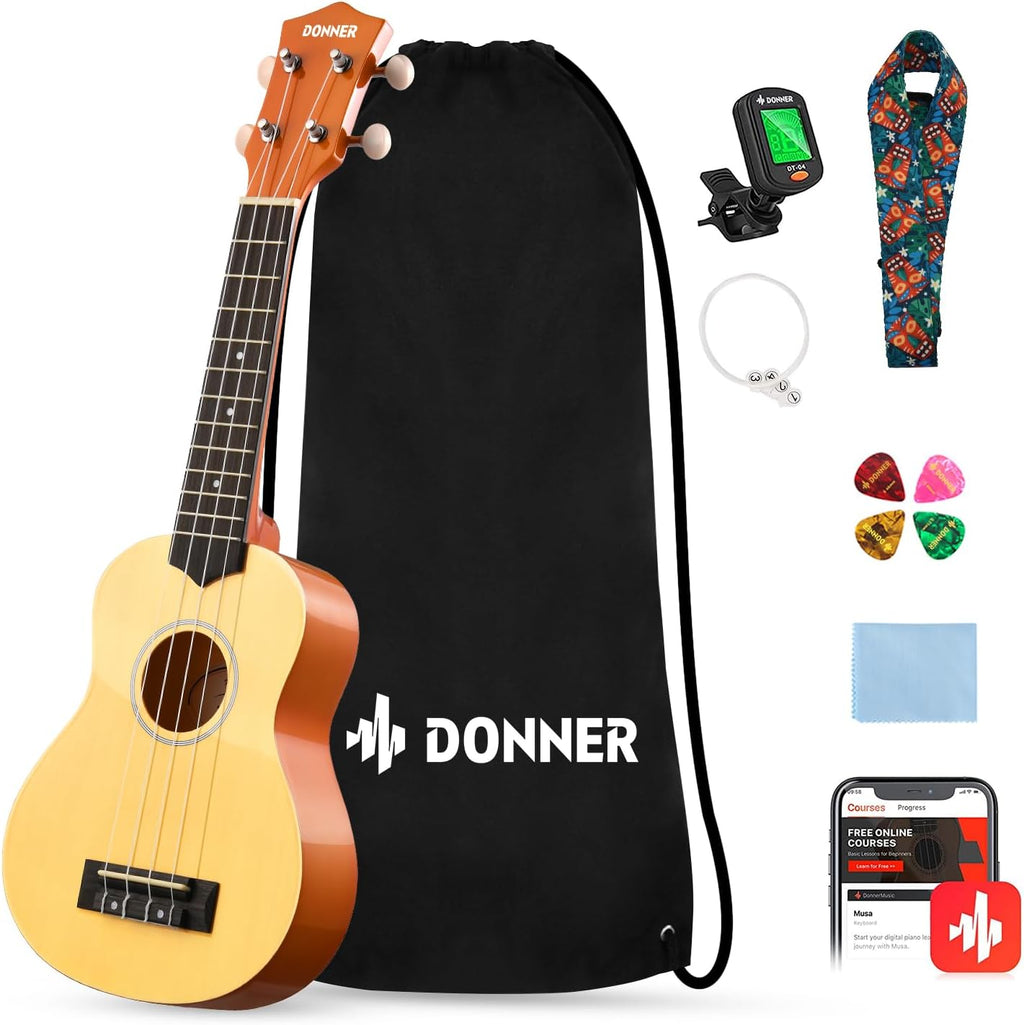 Donner Kit de ukelele soprano para principiantes de 21 pulgadas, paquete para principiantes con clases en línea gratuitas, bolsa, correa, cuerdas, afinador, púas y trapo, Ukalalee Yukalalee (Natural)