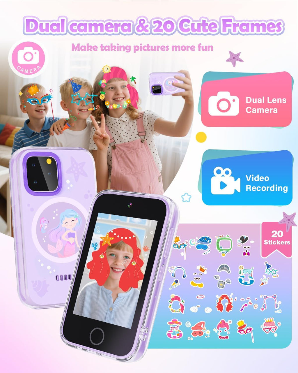 Dylanto Teléfono para niños, teléfono con pantalla táctil de 3.5 pulgadas para niños, juguetes de aprendizaje para niñas de 3 a 9 años con doble cámara, reproductores de video, juegos, regalos de cumpleaños de Navidad para niñas de 3, 4, 5, 6, 7, 8, 9, co