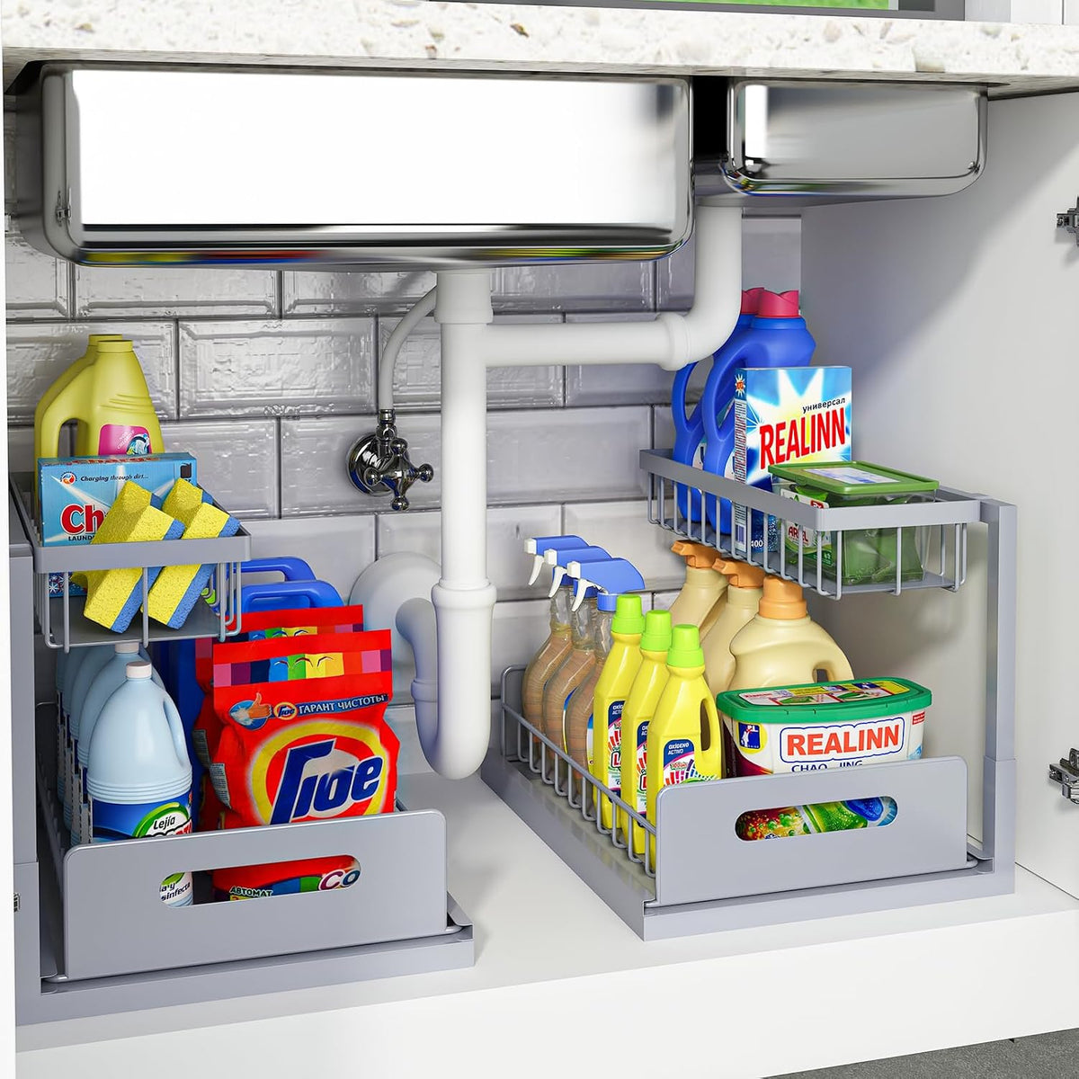 Organizador Bajo el Fregadero, Organizador de Gabinete Extraíble de 2 Niveles con Estante Deslizante para Fregadero, Estantes de Almacenamiento para Gabinete, Almacenamiento para Cocina y Baño