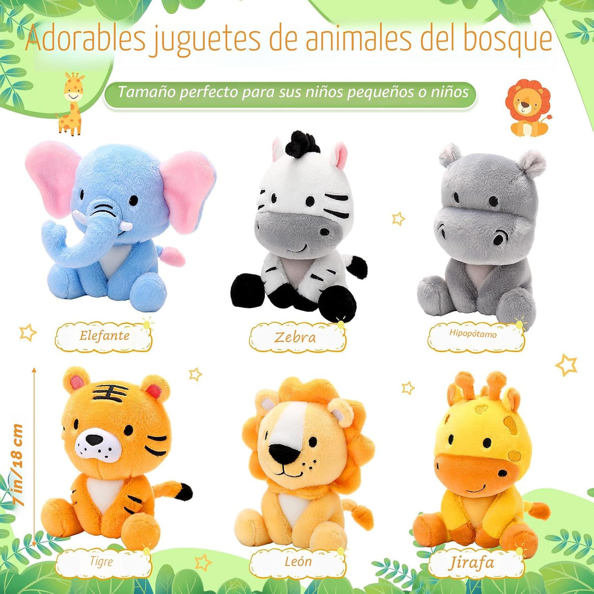 RoundFunny - 6 lindos animales de peluche de safari, juguetes de peluche de la selva de 7 pulgadas