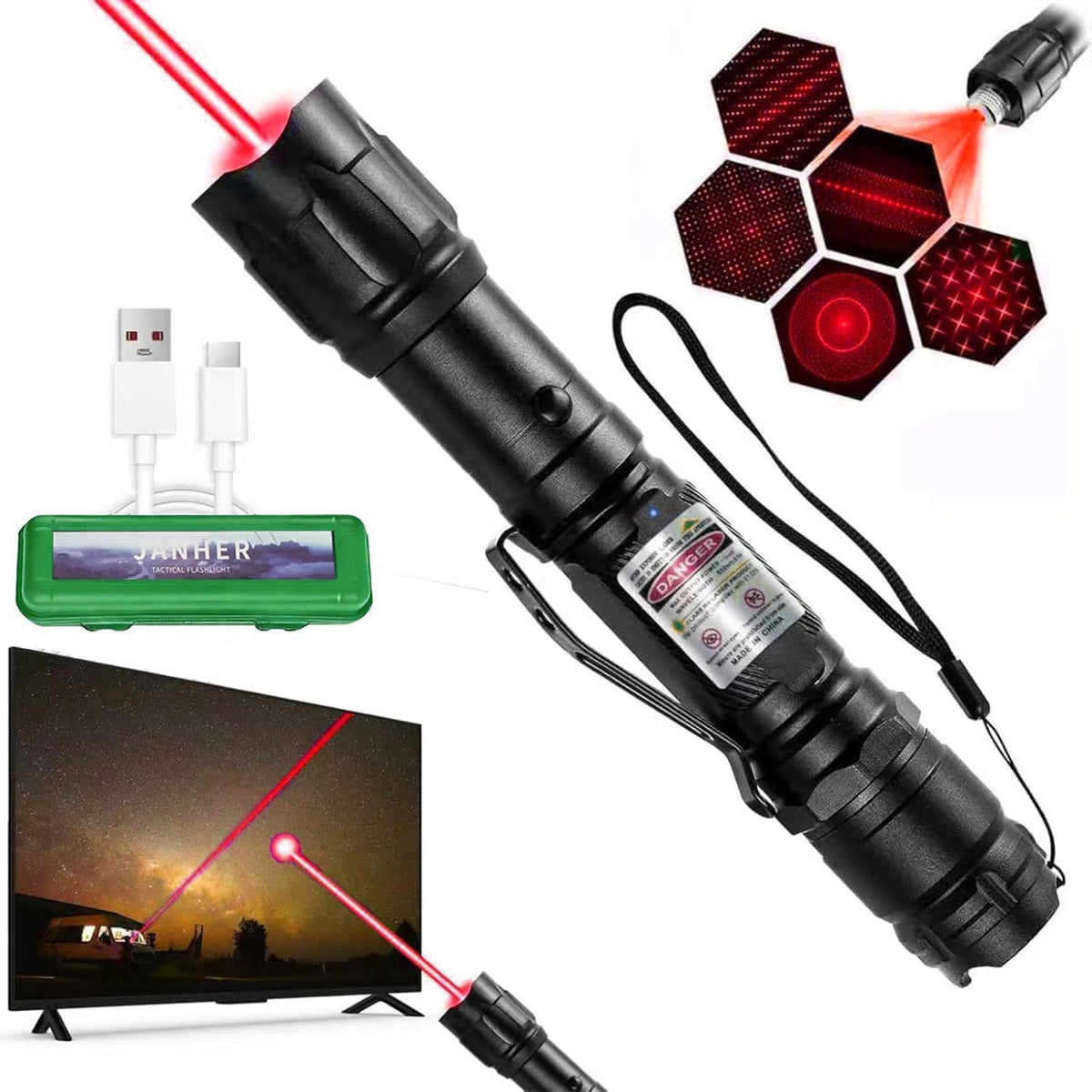 Puntero láser rojo, recargable por USB, enfoque ajustable