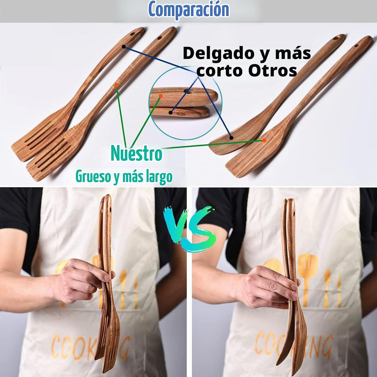 Utensilios de madera de 13 pulgadas de largo para cocinar, cucharas de madera de mango largo para cocinar, juego de 7 PIEZAS de cucharas de madera para manualidades, juego de utensilios de