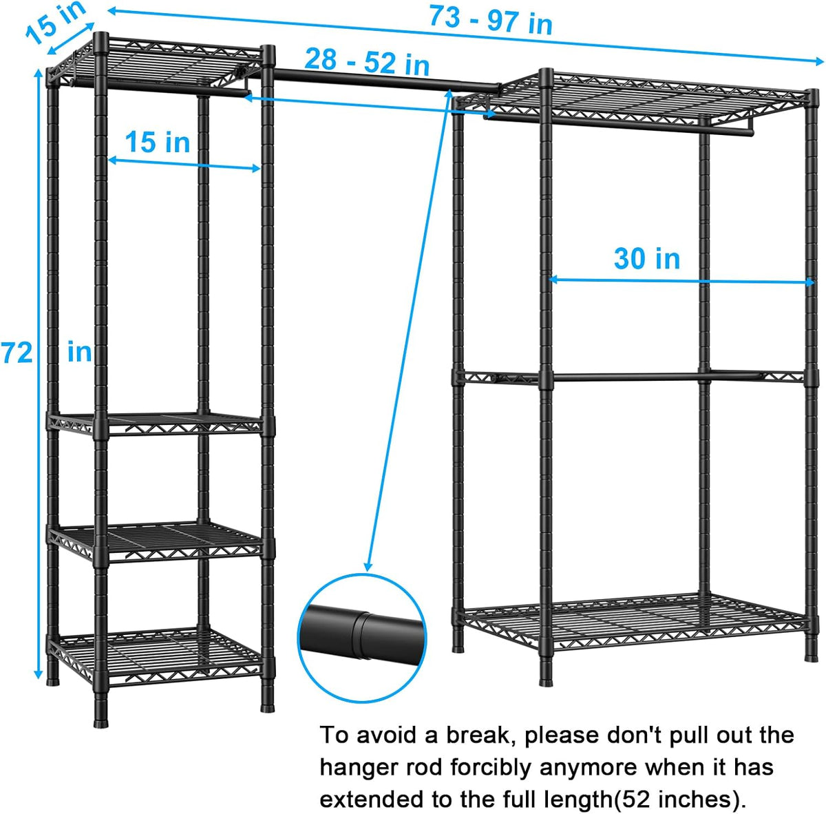 Perchero E10 (Con Barra Colgante Extensible) Percheros Independientes para Colgar Ropa, Sistema Organizador de Armario Ajustable, Perchero Portátil 73-97" An x 15" Pr x 72" Al, Carga Máxima 800