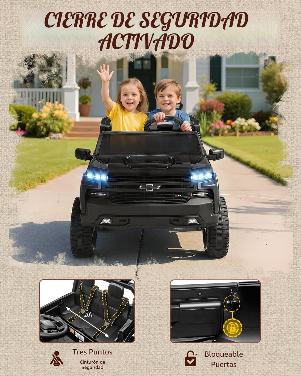 First Ride On Juguetes de 24 V y 2 plazas con licencia Chevrolet Silverado, vehículo eléctrico con control remoto y cinturones de seguridad, camión eléctrico con maletero, Bluetooth y luces LED (negro)