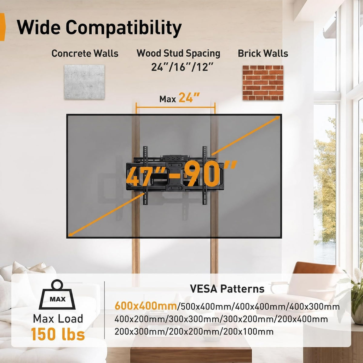 Perlegear - Soporte de pared para TV de movimiento completo con regleta de enchufes para televisores de 42–90 pulgadas hasta 68 kg, soporte de TV preensamblado con giro suave, inclinación, extensión