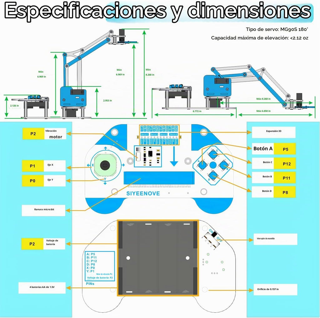 Microbit Smart Robotic Arm Kit 4DF Kit de construcción de brazo mecánico programable para edades de 14 años en adelante para aprender codificación, ciencia e ingeniería, Micro:bit v2 y pilas