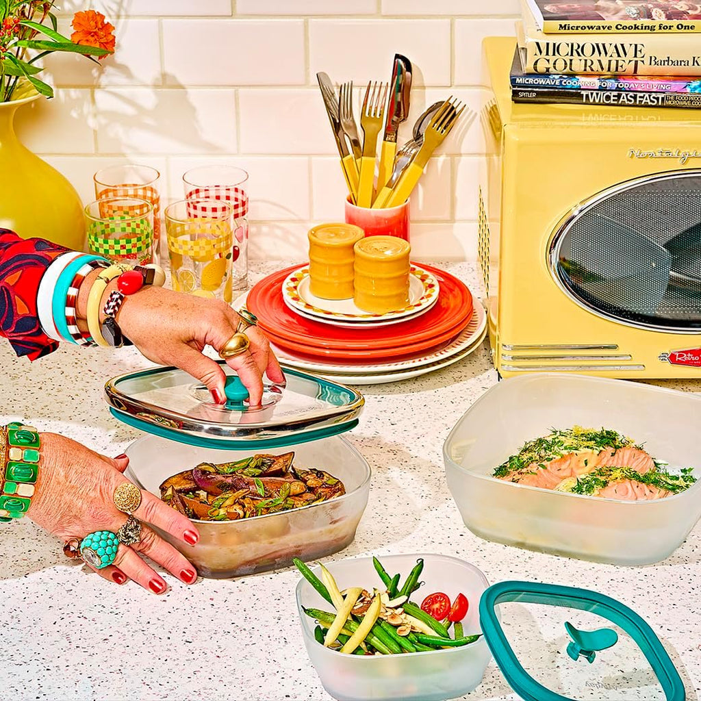 Anyday Almacenamiento de alimentos de vidrio cuadrado de 10 tazas con tapa de vidrio | Preparación de comidas y utensilios de cocina para microondas libres de plástico | Recipiente de almacenamiento