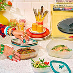 Anyday Almacenamiento de alimentos de vidrio cuadrado de 10 tazas con tapa de vidrio | Preparación de comidas y utensilios de cocina para microondas libres de plástico | Recipiente de almacenamiento