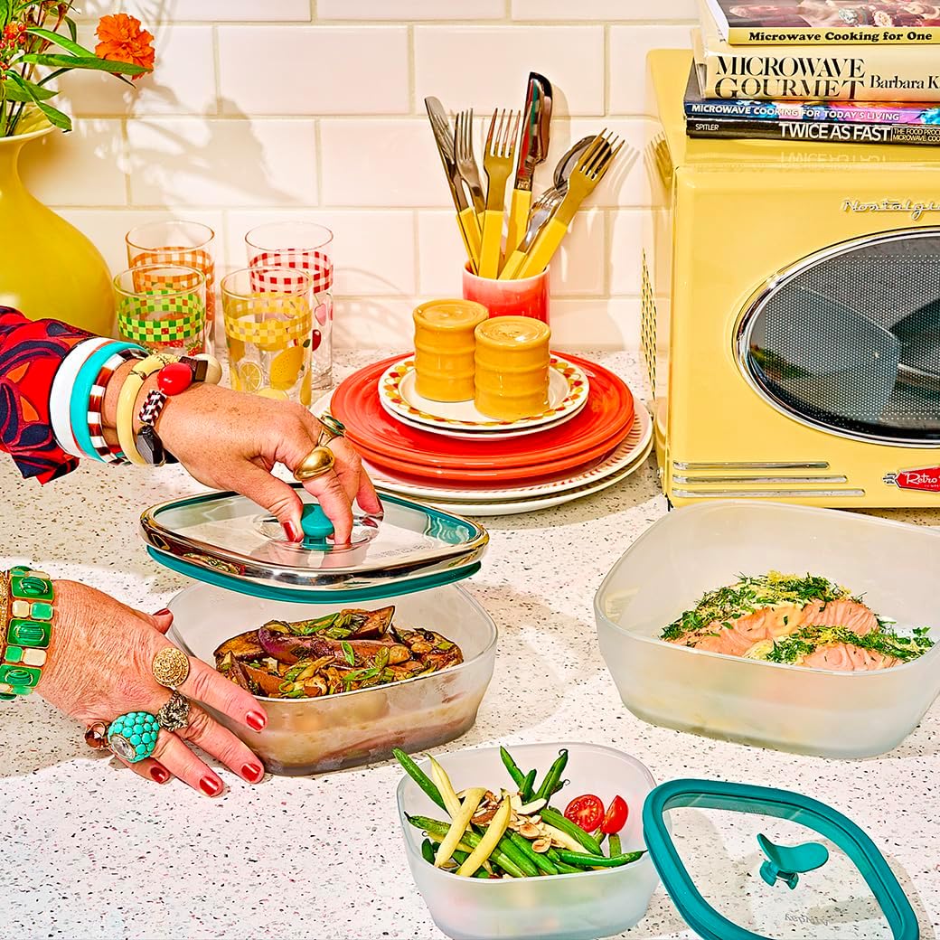 Anyday Almacenamiento de alimentos de vidrio cuadrado de 10 tazas con tapa de vidrio | Preparación de comidas y utensilios de cocina para microondas libres de plástico | Recipiente de almacenamiento