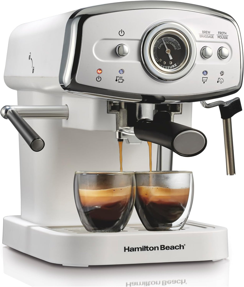 Hamilton Beach Slide & Lock - Máquina de café expreso con espumador de leche, varita de vapor para capuchino y café con leche, bomba de 15 barras y dos boquillas, depósito extraíble, compacto, diseño
