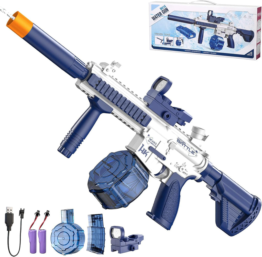 Pistola de agua eléctrica, juguete de pistola de agua, pistola de chorro de agua de hasta 32 pies de largo alcance, juguete de disparos para fiesta en piscina al aire libre con 2 baterías y 2 tanques de agua, regalo ideal para niños y adultos