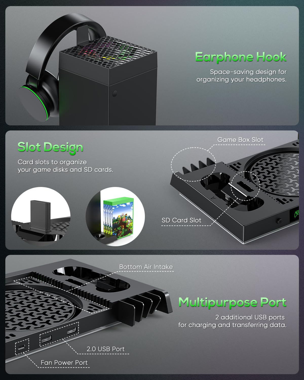 Accesorios de Soporte de Carga con Ventilador Automático para Xbox Series X Console (Negro)
