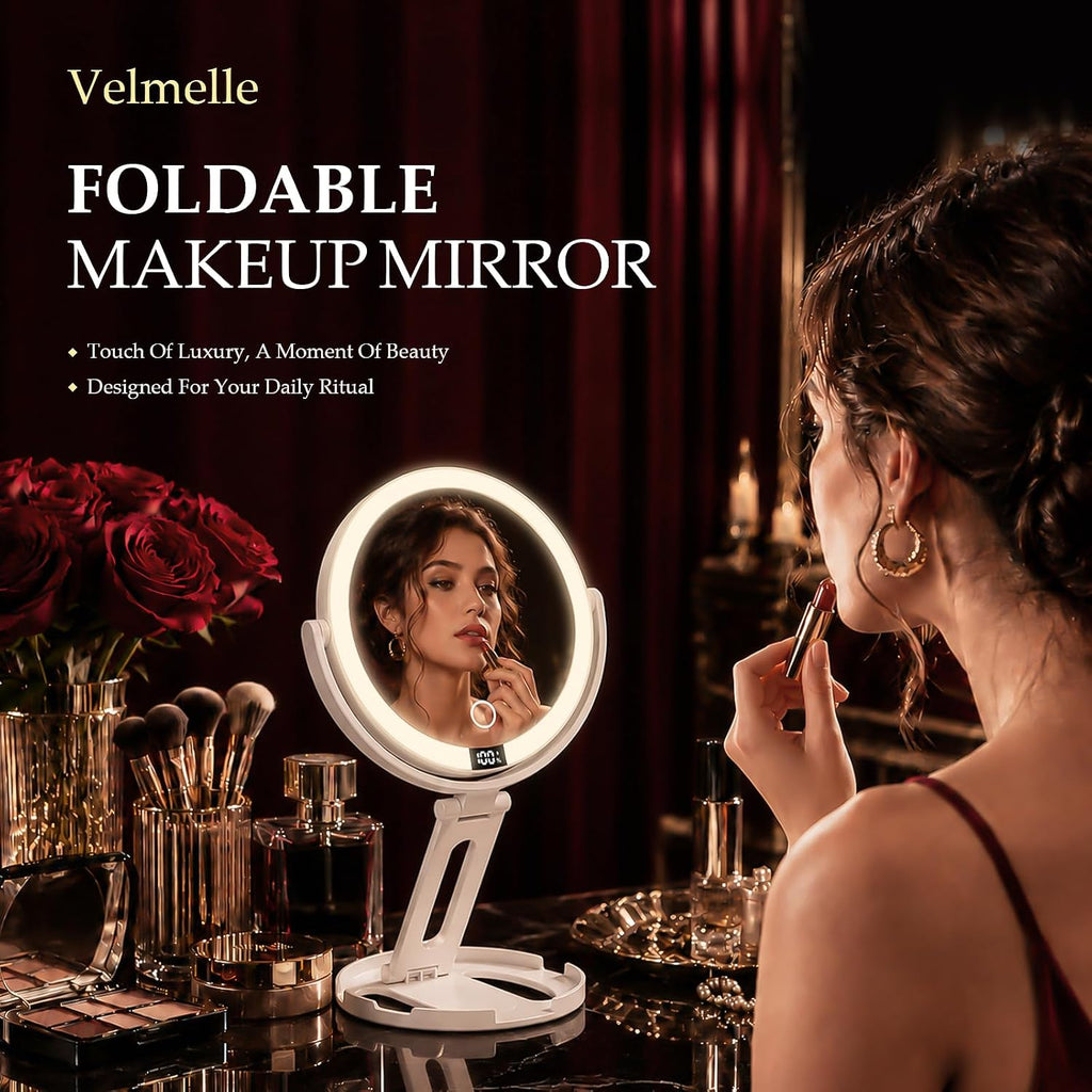Espejo de maquillaje de viaje con luces, espejo de aumento de doble cara 1X