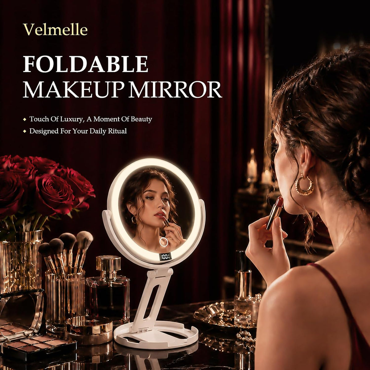 Espejo de maquillaje de viaje con luces, espejo de aumento de doble cara 1X