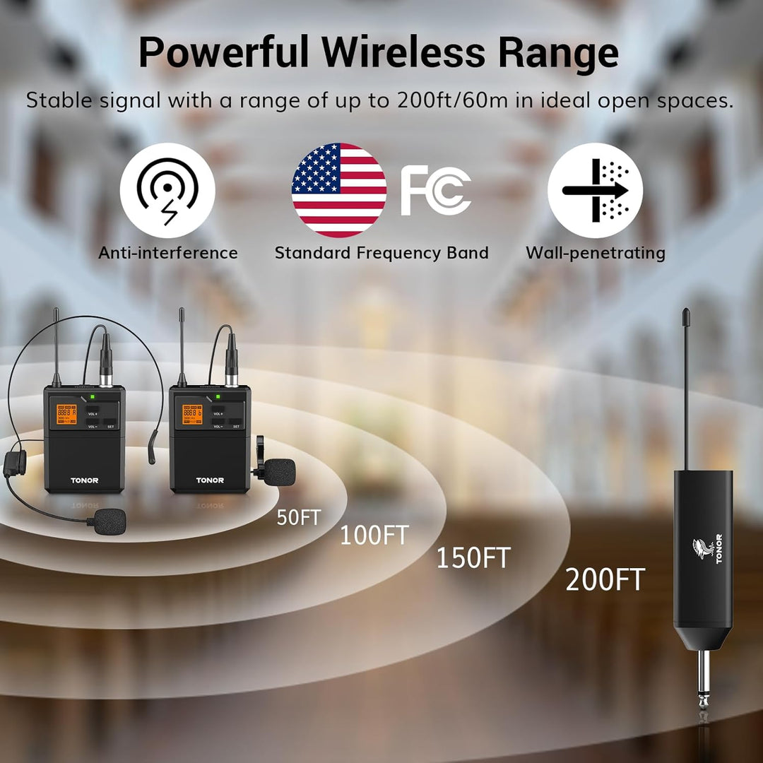 TONOR Sistema de micrófono inalámbrico UHF con micrófonos de auricu...