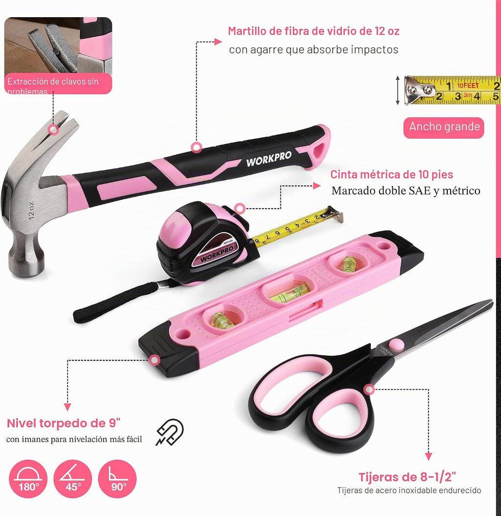 WORKPRO Juego de herramientas rosa de 277 piezas, kit de herramientas de