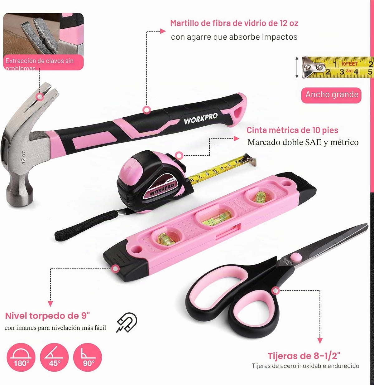 WORKPRO Juego de herramientas rosa de 277 piezas, kit de herramientas de