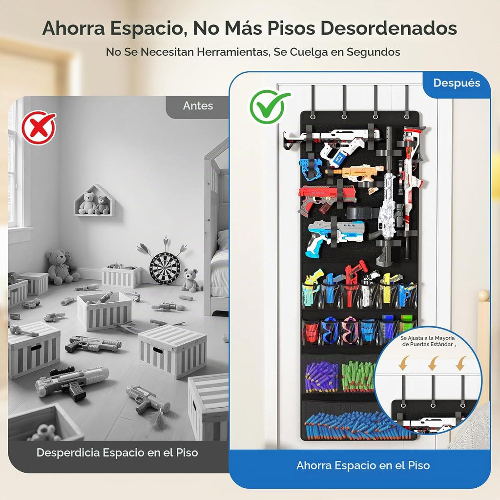 Organizador sobre la puerta para pistolas de juguete, colgador de puerta con bolsillos y ranuras para lanzadores de espuma, dardos, gafas para niños, organizador de almacenamiento de pistolas de