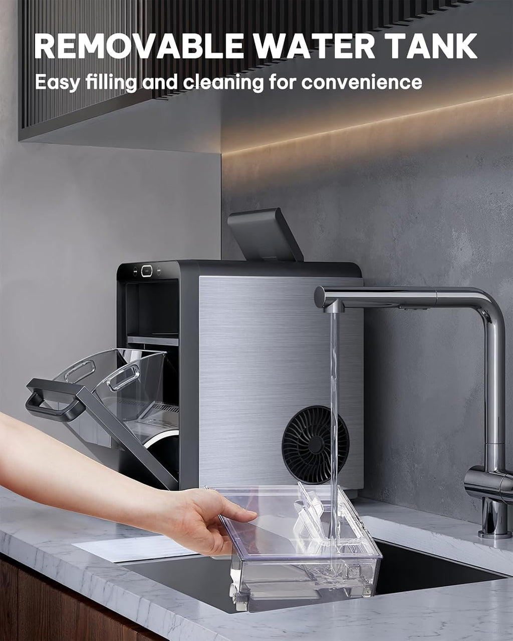 Silonn Nugget Ice Maker - Máquina de hielo triturado/guijarro de 44 libras/24 horas, tanque de agua frontal extraíble y cesta extraíble, acabado de acero inoxidable para cocina del hogar