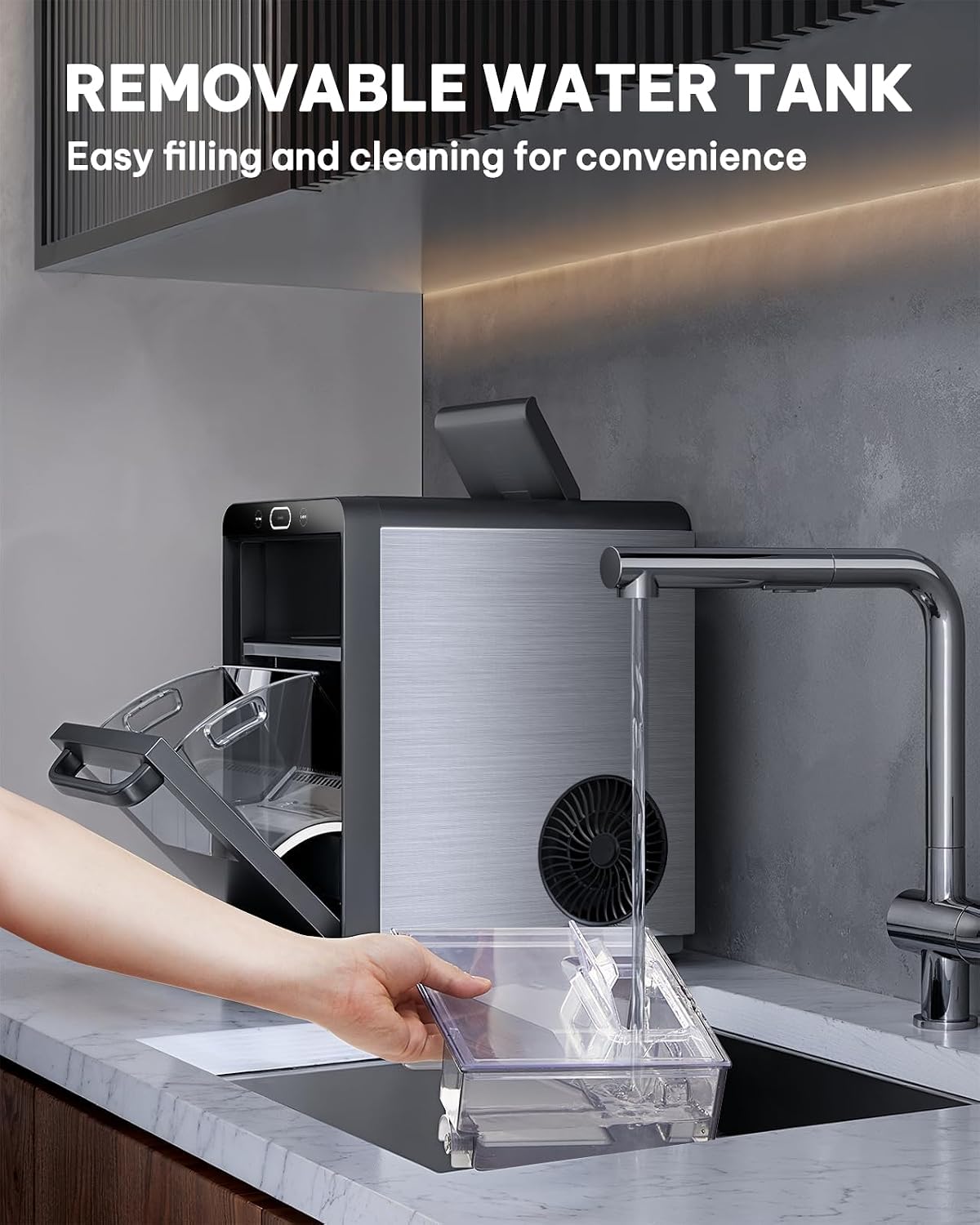 Silonn Nugget Ice Maker - Máquina de hielo triturado/guijarro de 44 libras/24 horas, tanque de agua frontal extraíble y cesta extraíble, acabado de acero inoxidable para cocina del hogar