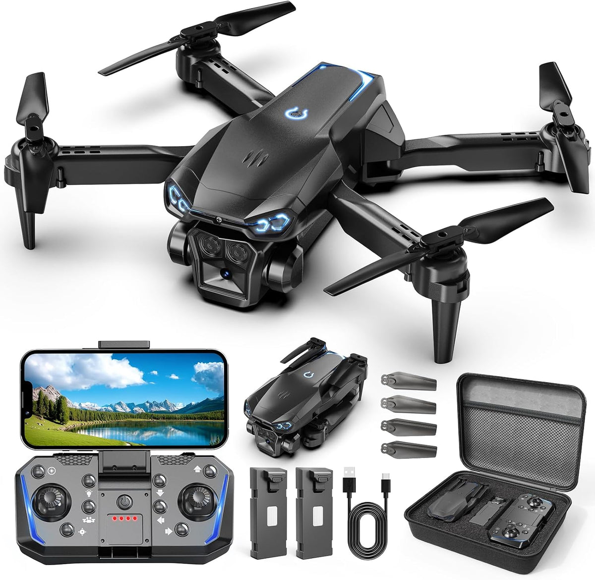 Drone 1080P con cámara para niños y adultos principiantes, cuadricóptero FPV plegable con una tecla de despegue/aterrizaje, control de gestos, giros de 360°, 2 baterías