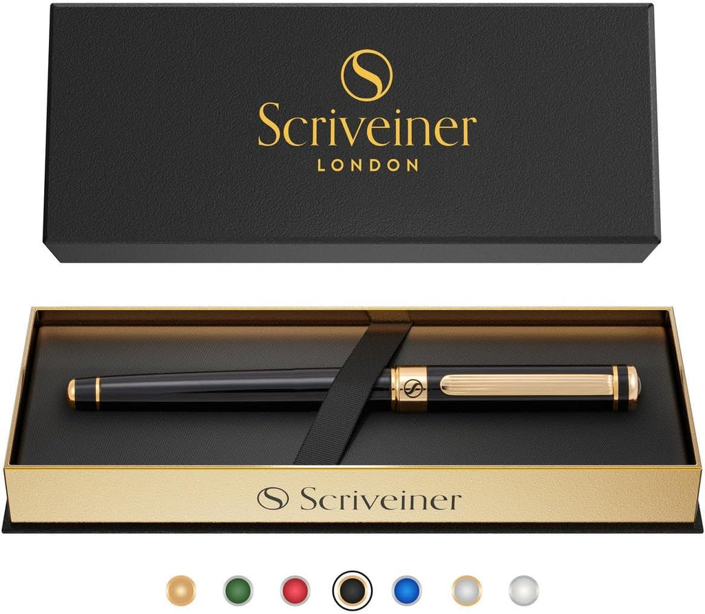 Scriveiner Bolígrafo Rollerball de Laca Negra - Impresionante Bolígrafo de Lujo, Chapado en Oro Real, Repuesto de Tinta Schmidt, El Mejor Set de Regalo de Bolígrafos Roller Ball para Hombres y Mujeres