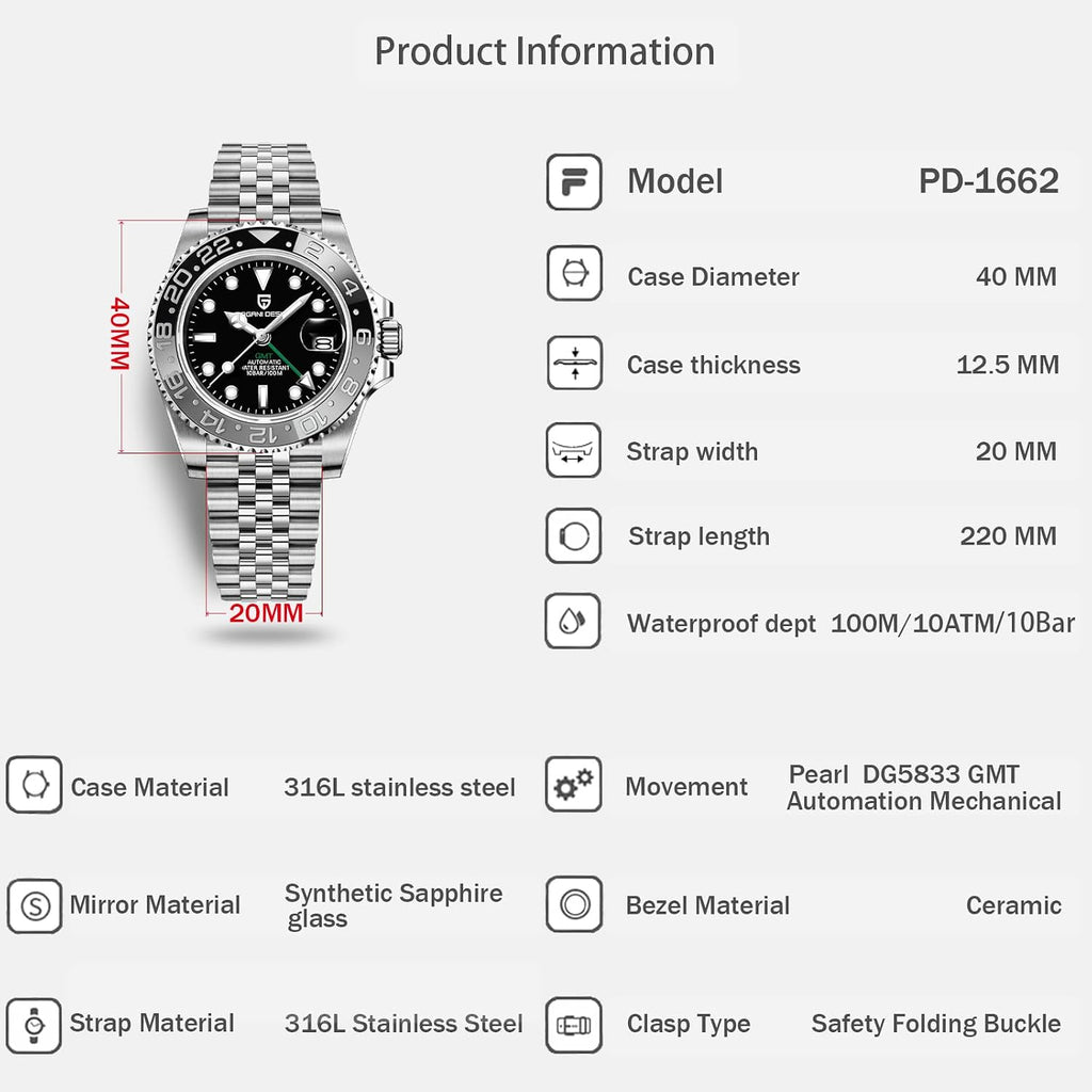 Reloj Pagani Design GMT para hombre, reloj automático de 1.575 pulgadas (40 mm), fecha, 100M resistente al agua, acero inoxidable, cristal de zafiro, reloj mecánico de pulsera PD-1662